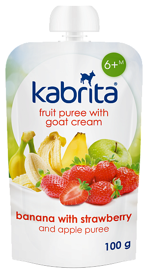 Kabrita<r></r> Bananai ir braškės su obuolių tyre ir ožkų pieno grietinėle