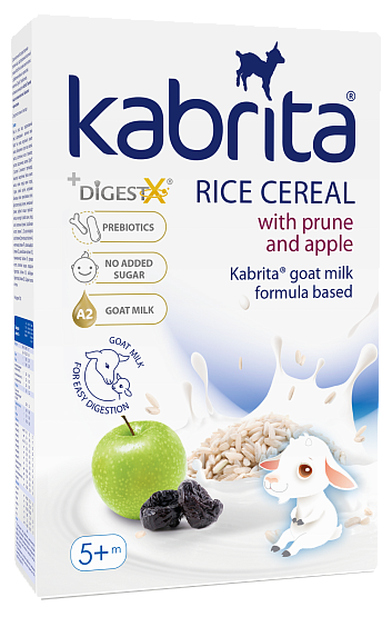 Kabrita® ryžių košė su slyvomis ir obuoliais, pagaminta su ožkų pieno mišiniu