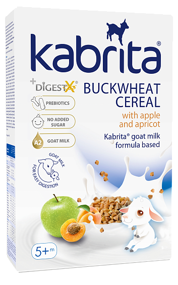 Kabrita® grikių košė su obuolias ir abrikosais, pagaminta su ožkų pieno mišiniu, skirta vaikams