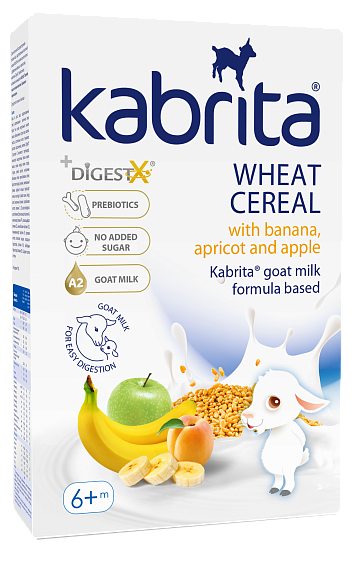 Kabrita® kviečių košė su bananais, obuoliais ir abrikosais, pagaminta su ožkų pieno mišiniu