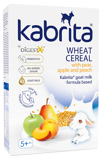Kabrita® kvietinė košė su kriaušėmis, obuoliais ir persikais su pieno mišiniu